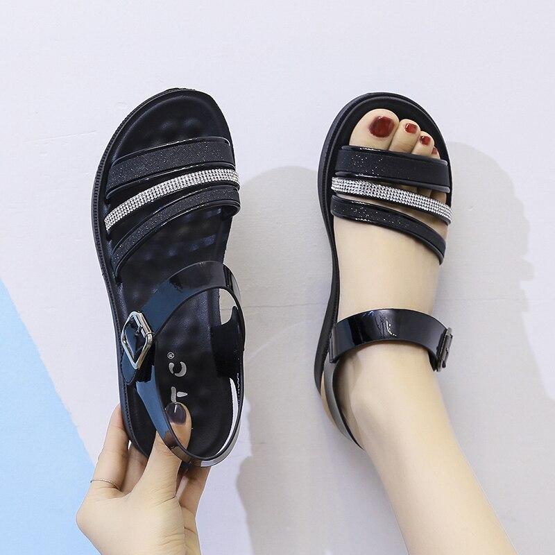Большие размеры 36–41, новые летние женские туфли на плоской подошве с пряжкой, черные, серебристые туфли на плоском каблуке для женщин, повседневные сандалии на платформе для взрослых