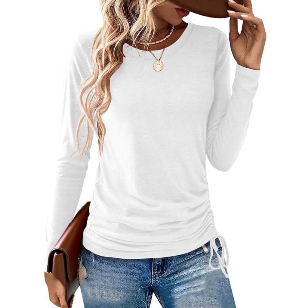 Women's Fashion Round Neck Solid Color Long Sleeve Side Drawstring Loose Casual Hoodie T-shirt Top