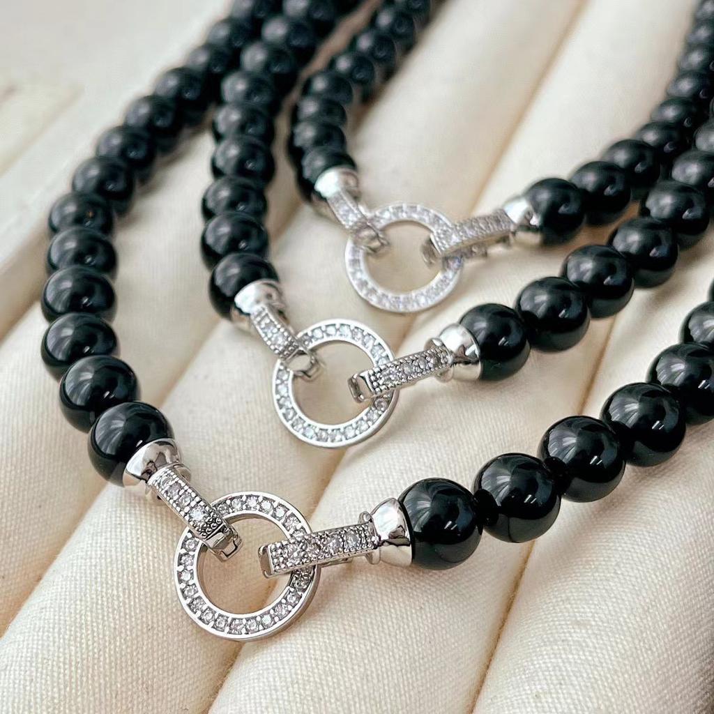 Vintage Natural Black Agate Crystal Necklace Sweater Necklace Korea
