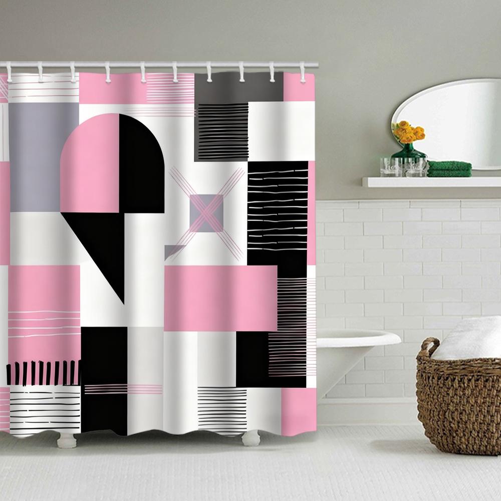 1/4 Geometric grid  print shower Curtains, Toilet Seat Decoration, Shower Curtain with Carpet and Toilet Lid, 70.8x70.8 inch
