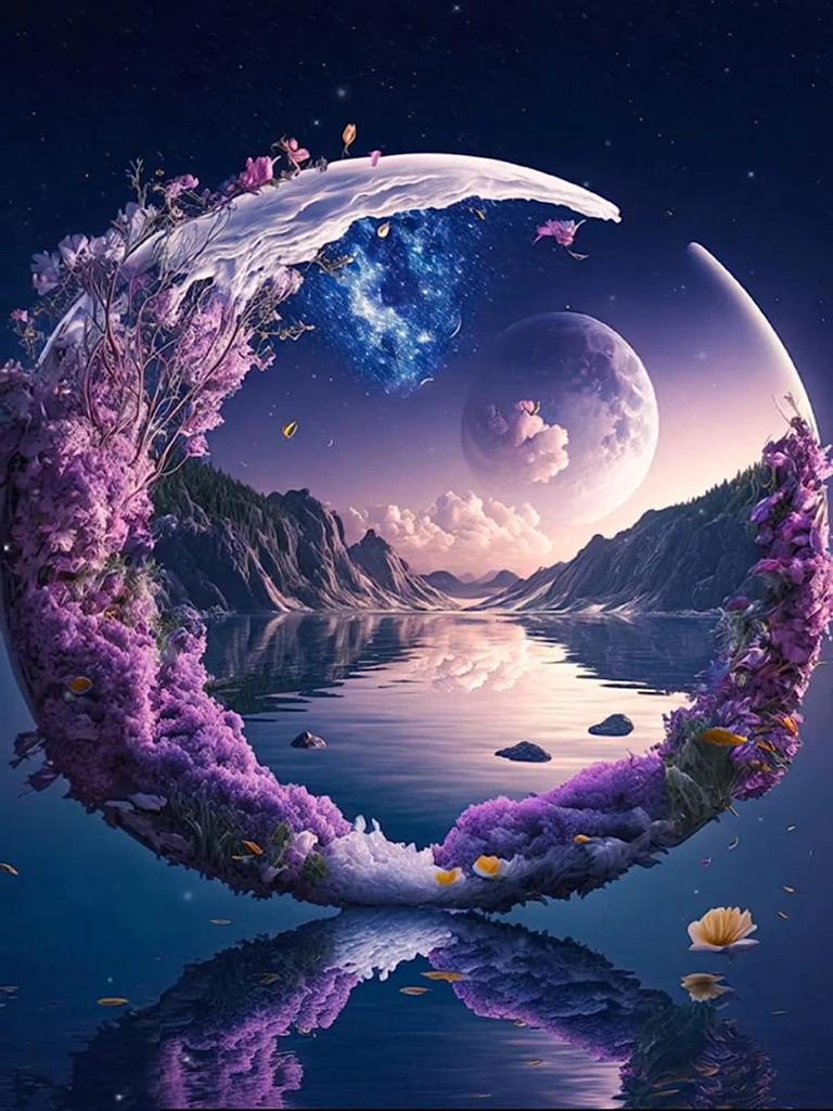 5D DIY Diamond Painting Purple Moon Landscape Full Round Diamond Mosaic Embroidery Cross Stitch Kit Home Decoration Gifts