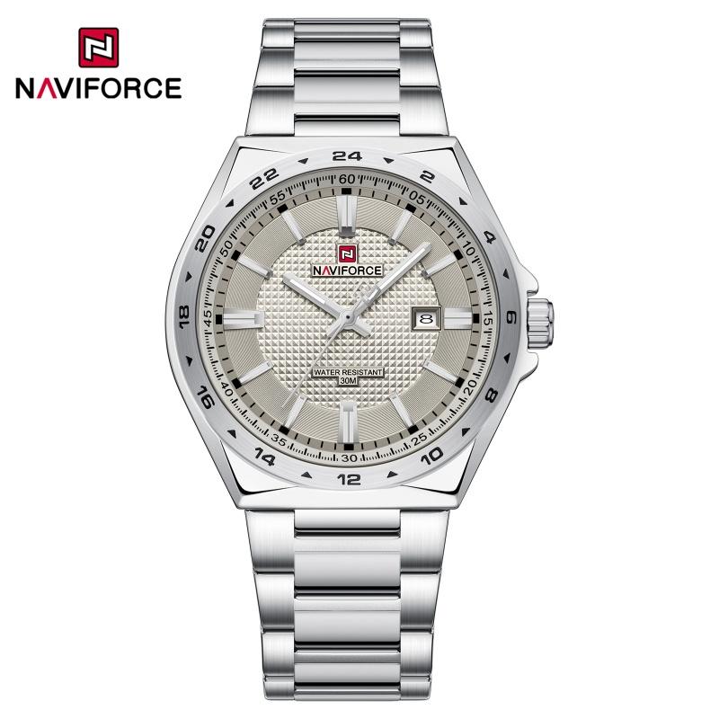 NAVIFORCE Уникальные мужские кварцевые часы Часы Отображение даты Стальной ремешок Водонепроницаемость 3 АТМ Светящаяся стрелка Мужские часы