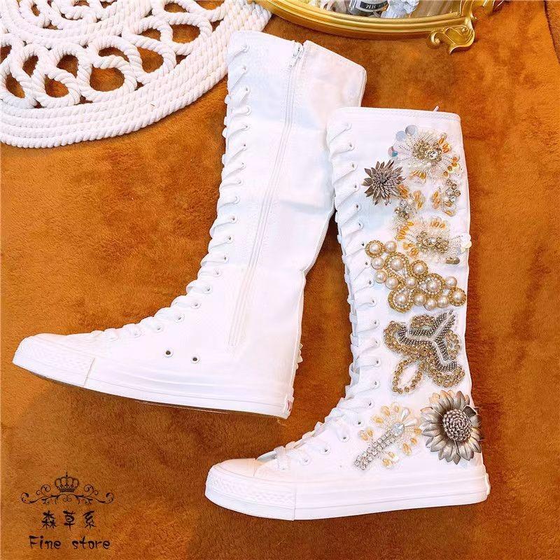 Luxurious Knee High Cut Canvas Shoes Women Lace-up Mid Calf Boots Flat Heel Female Casual Shoes High-top Boots Flats Canvas Shoe