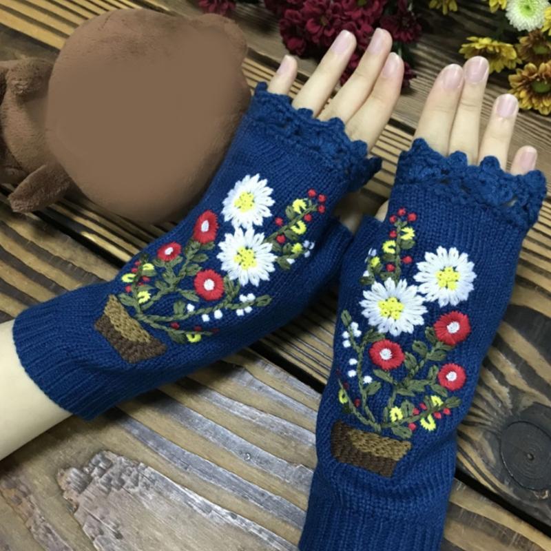 Cartoon Embroidered Hand Gloves Stretchy Knitted Mittens Fingerless Hand Warmer Flower Embroidery Half Finger Mittens