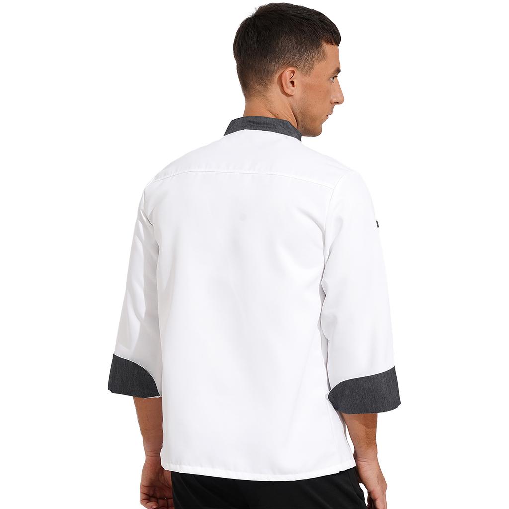 Unisex Double Breasted Chef Coat Long Sleeve Stand Collar Contrast Trim Cook Jacket for Restaurant Hotel Kitchen Staff