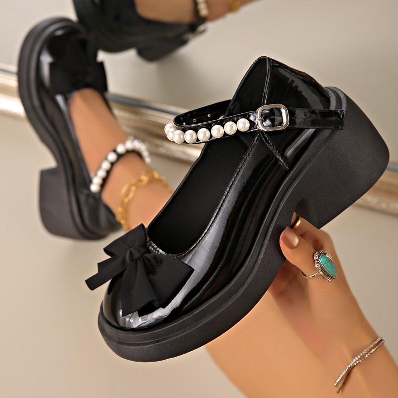 Fashion Mary Jane Shoes Women Spring New Fashion Sweet Bow Platform Platform Block Heel Pearl Versatile Single Shoes