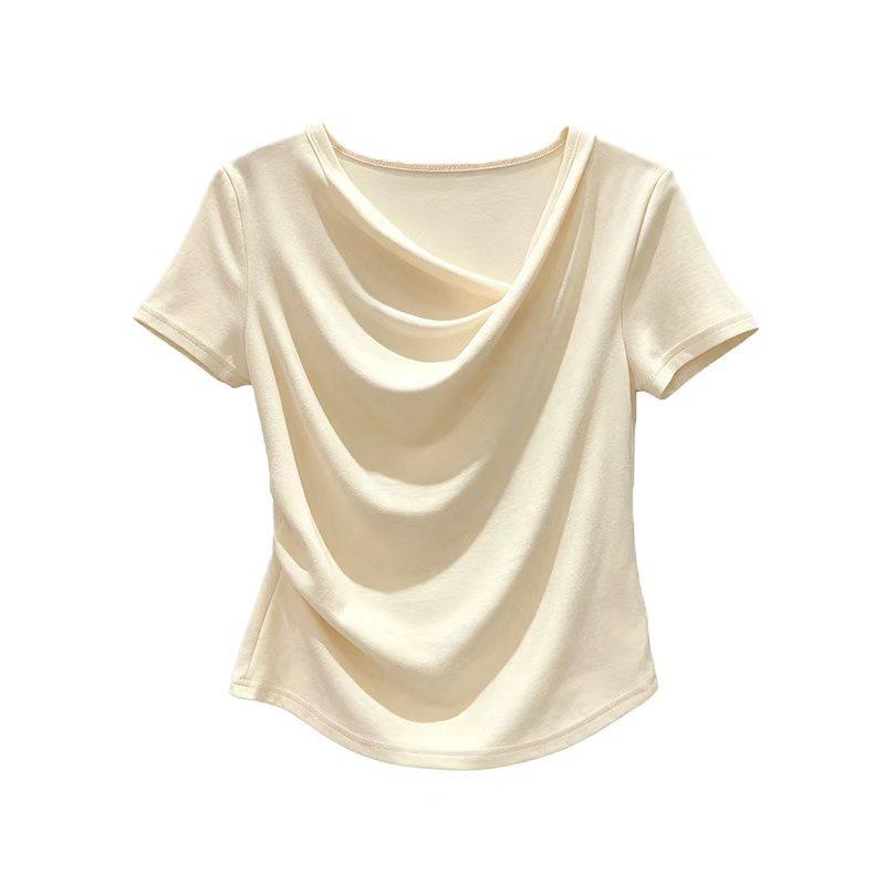 Premium Korean Irregular Short Sleeve T-Shirt Women's Summer Unique Skinny Slim Pile Collar T-Shirt Top