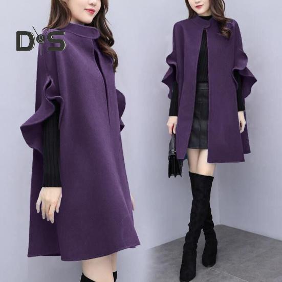 Женское зимнее пальто с рукавами-лепестками, воротником-стойкой, накидкой-трапецией, кардиганом средней длины с открытыми стежкам, шерстяным пальто для улицы, пончо