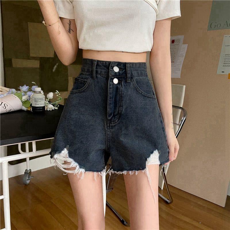 Summer Pants Classic and Minimalist Fashion Versatile Summer Women's Row Buckle High Waist Hole Thin Loose Outside Wear Wide Leg A Word Denim Shorts