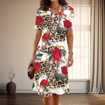 Женская мода изящный леопардовый принт принт лето весна короткий рукав О-образный вырез повседневные платья