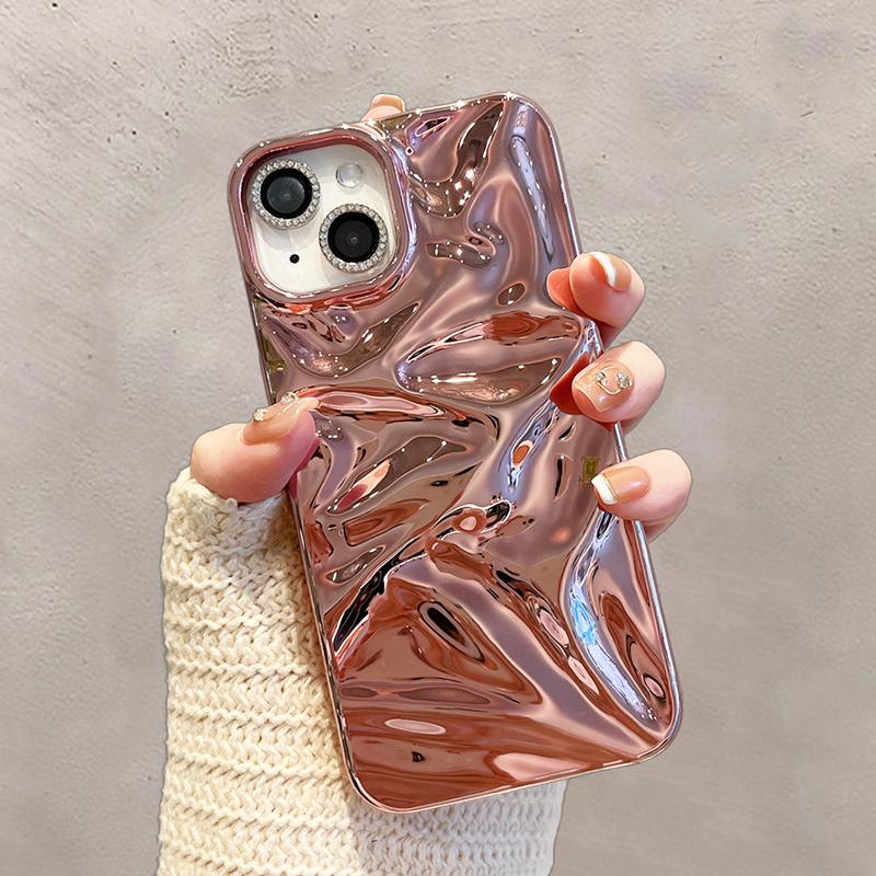 Electroplate Pink Wrinkle Wave Pattern Glossy Case For iPhone 17 Air 16 15 14 13 12 11 Pro Max Bright Back Cover