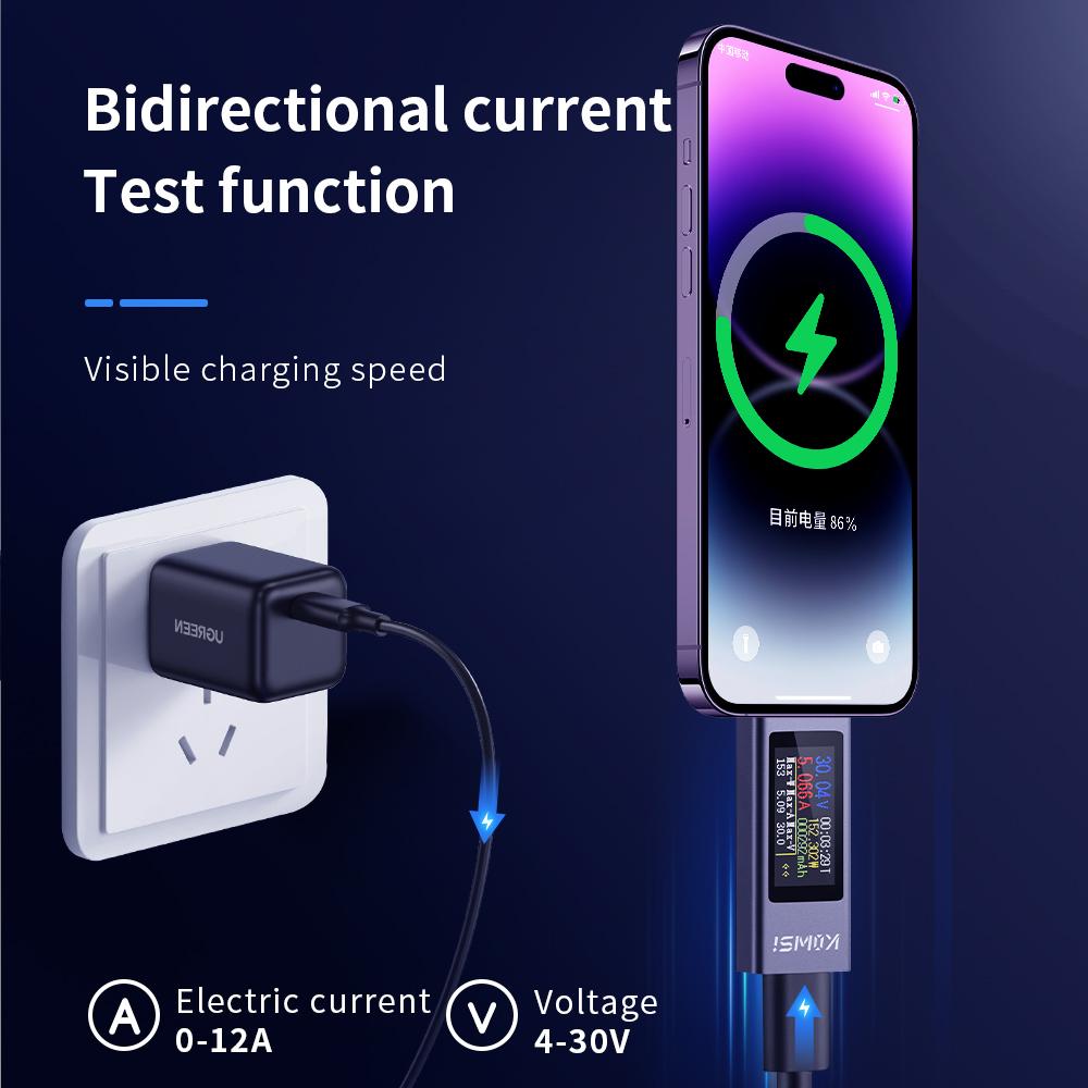 Многофункциональный тестер напряжения Type-C с цветным экраном, цифровой измеритель мощности, монитор напряжения и тока, тестер зарядки постоянного тока 4–30 В 0–12 А