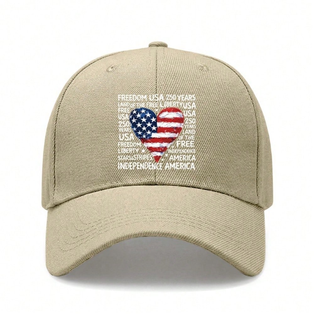 USA Baseball Hat - Vintage Heart Print Freedom USA 250 Years Land Of The Free Adjustable Polyester Lightweight Patriotic Holiday Baseball Cap For