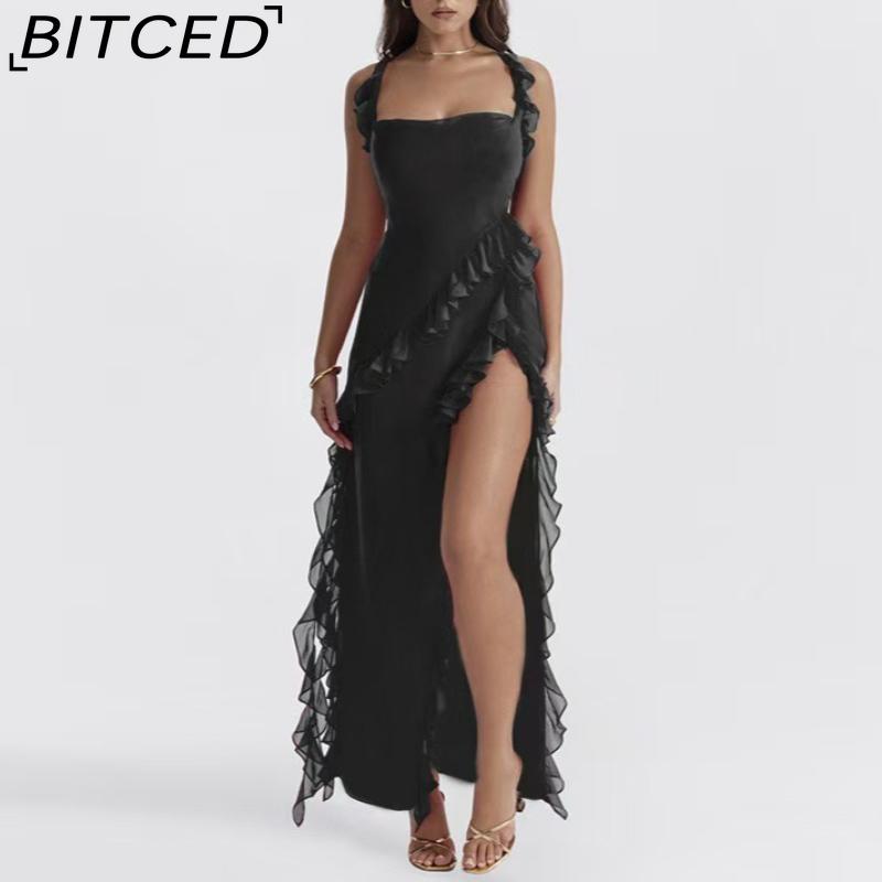 BITCED Модное и чувственное женское платье для лета/осени с пышными рукавами, вставками и элегантным разрезом