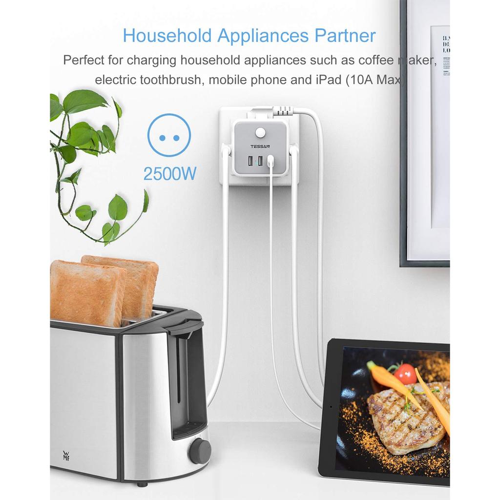 Tessan Черный/серый адаптер-удлинитель настенной розетки в форме куба с 3 розетками, 3 USB-портами, несколькими европейскими вилками, удлинителем, защитой от перегрузки