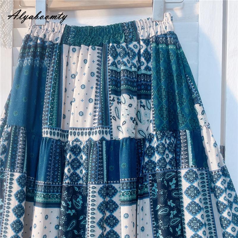 Весна Лето Женская юбка миди с эластичной талией и геометрическим принтом Контрастный цвет Юбка-трапеция Винтажные хлопковые женские юбки