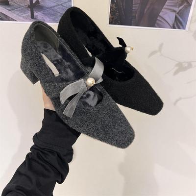 Французские серые туфли на среднем и высоком каблуке, женские туфли 2024 года, бархатные вечерние туфли с квадратным носком, туфли Мэри Джейн Мао Мао