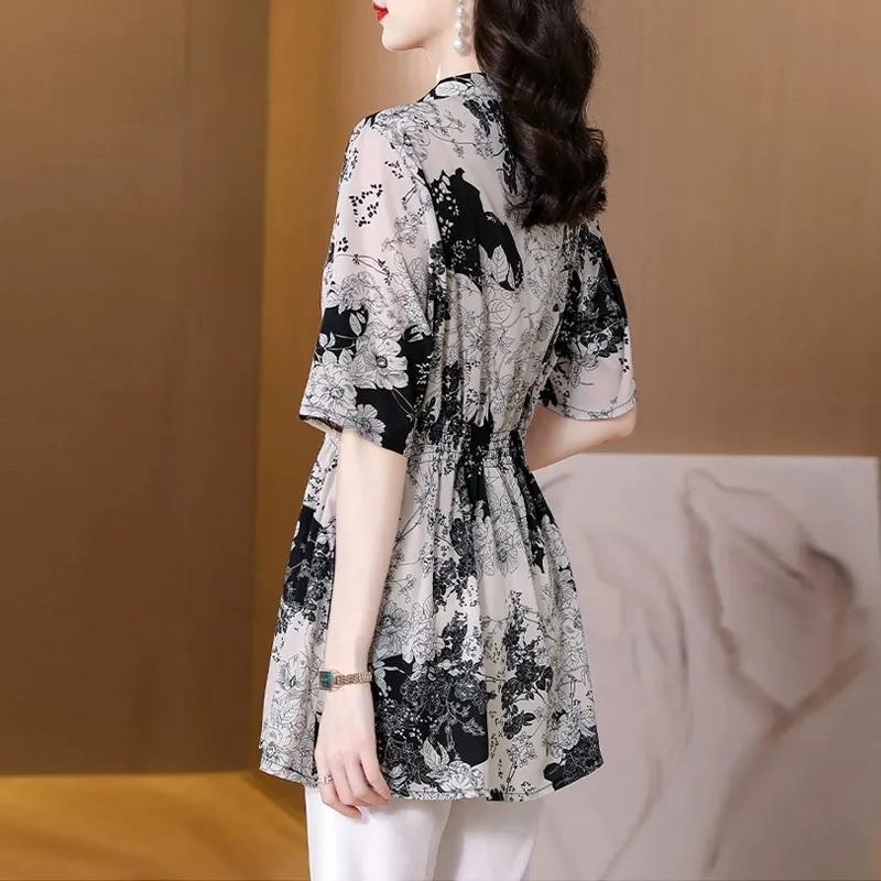 Женская летняя рубашка средней длины с коротким рукавом для мамочек, свободные повседневные топы с принтом