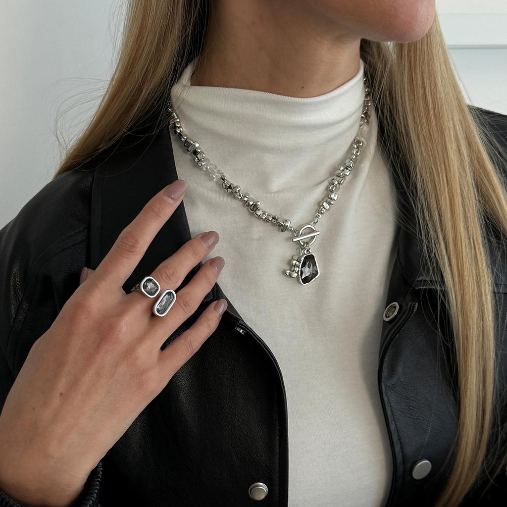 SHIXIN 2Pcs/Set Luxury Rhinestones Acrylic Pendant Necklace Ring for Women Charm Adjustable Opening Jewelry Set Accessories