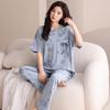 Spring Summer Thin Cotton Pajamas Set for Women Blue Cartoon Print Short Sleeve Tops and Long Pants Sleepwear Female Casual Pyjamas Homewear
