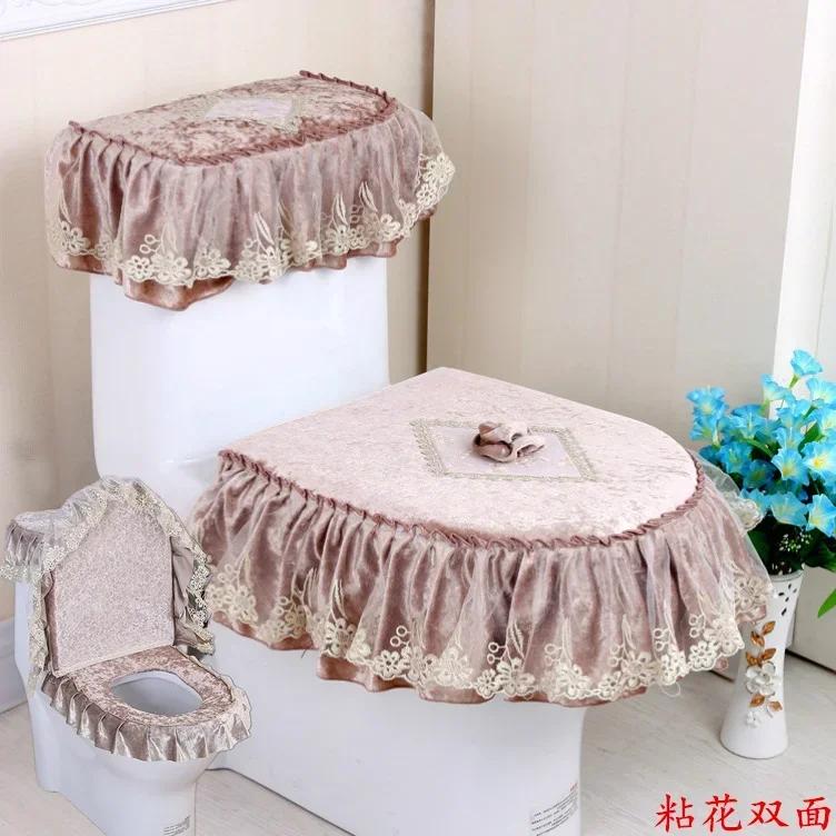 Вышитый край кружевной коврик для унитаза из 3 частей осенне-зимний бархатный чехол для унитаза U-образная молния сиденье для унитаза юбка стиль подол