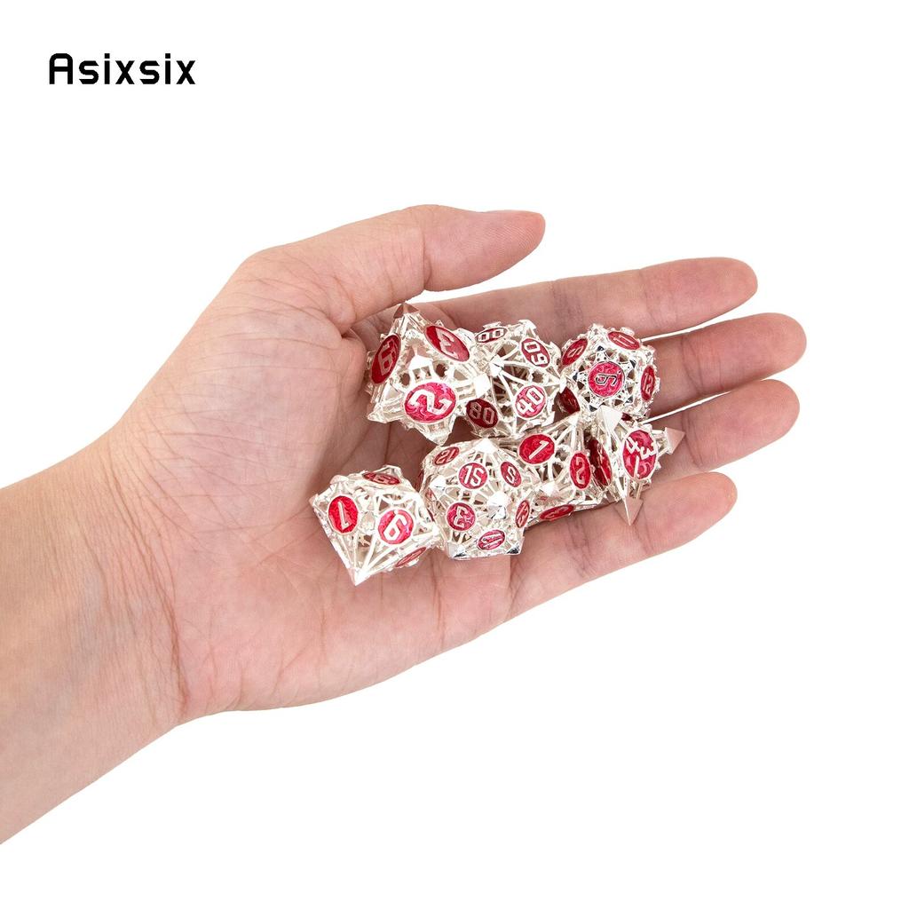 7 шт. серебристо-красные металлические кости, набор полых металлических многогранных кубиков, подходящий для ролевой игры, настольной игры, карточной игры