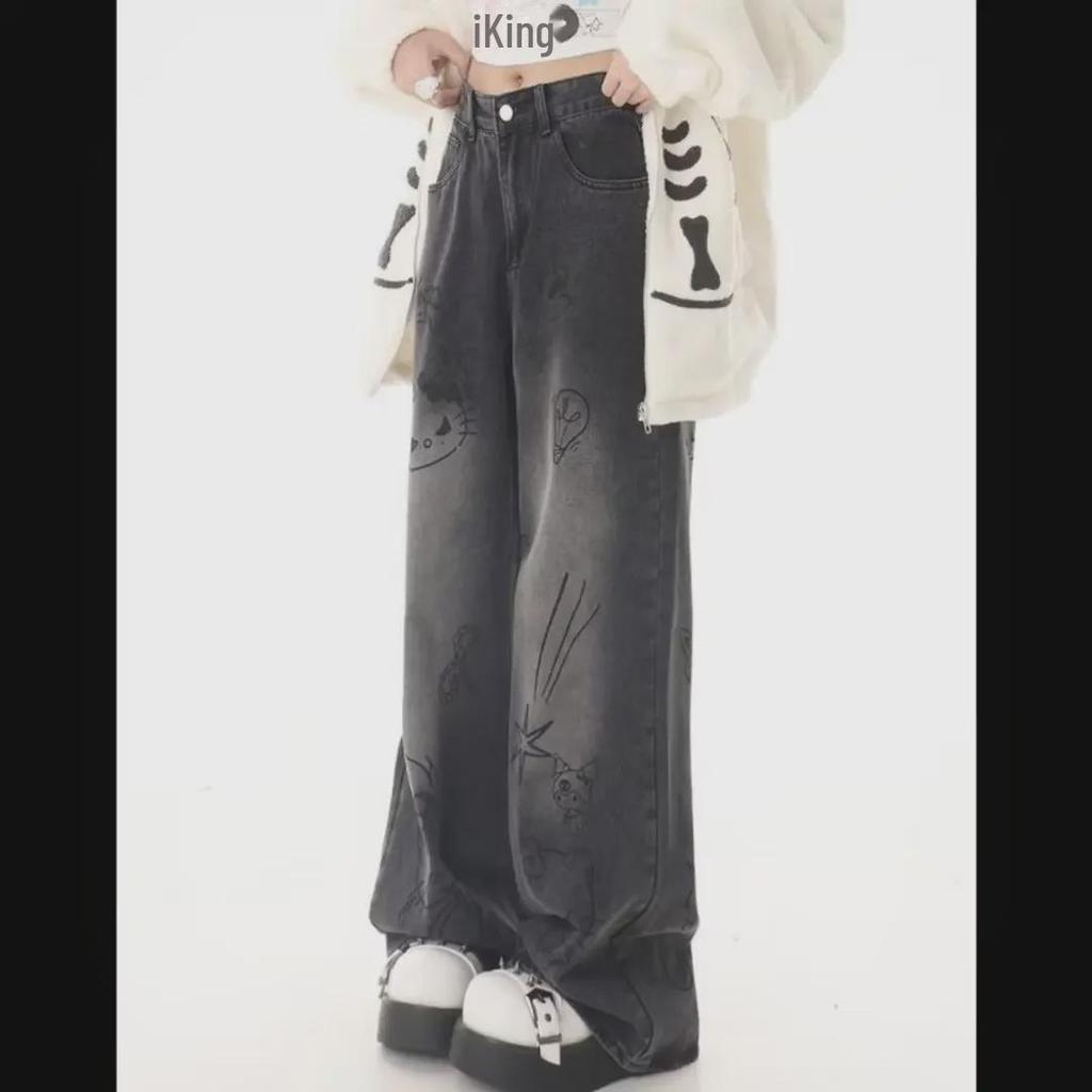 Женские свободные широкие джинсы с рисунком в стиле граффити - осень/зима в стиле ретро в уличном стиле