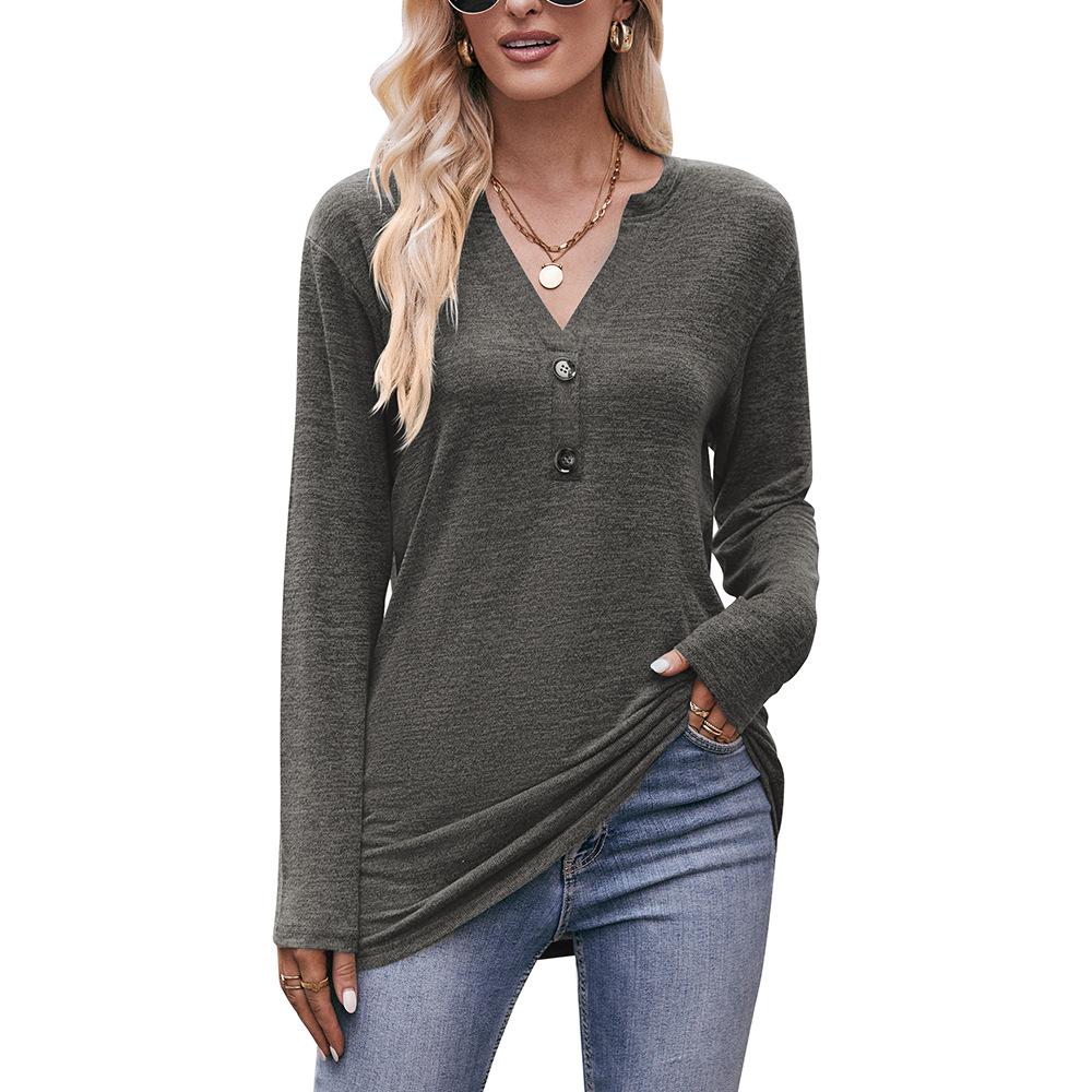 Autumn Women's Casual V-Neck Buttoned Milled Blouse Long Sleeve Top