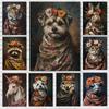 Vintage Animal with Flower Poster Dog Cat Rabbit Raccoon Garland Prints Canvas Painting Wall Art Pictures Home Room Nature Decor