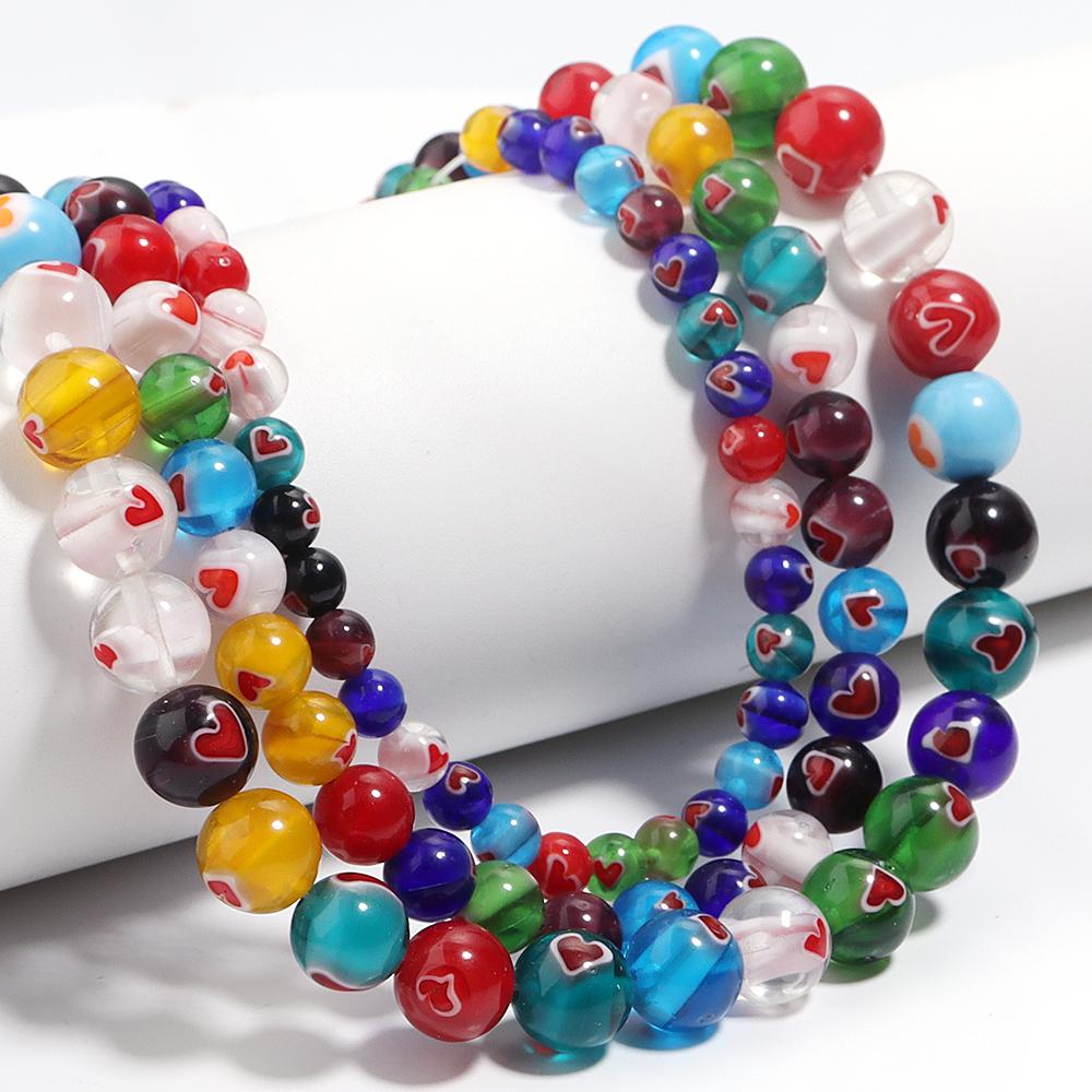 1 нить 6 8 10 мм Бусины Lampwork 'Тысяча цветов' Разноцветные Стеклянные Бусины Сердечки Круглые Свободные Бусины для Изготовления Украшений DIY Бусы для Ожерелий