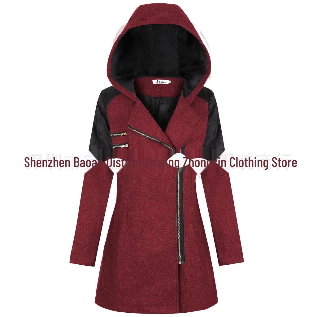 Women's Mid-Length Woolen Hooded Windbreaker with Oblique Zipper - Warm Winter Coat