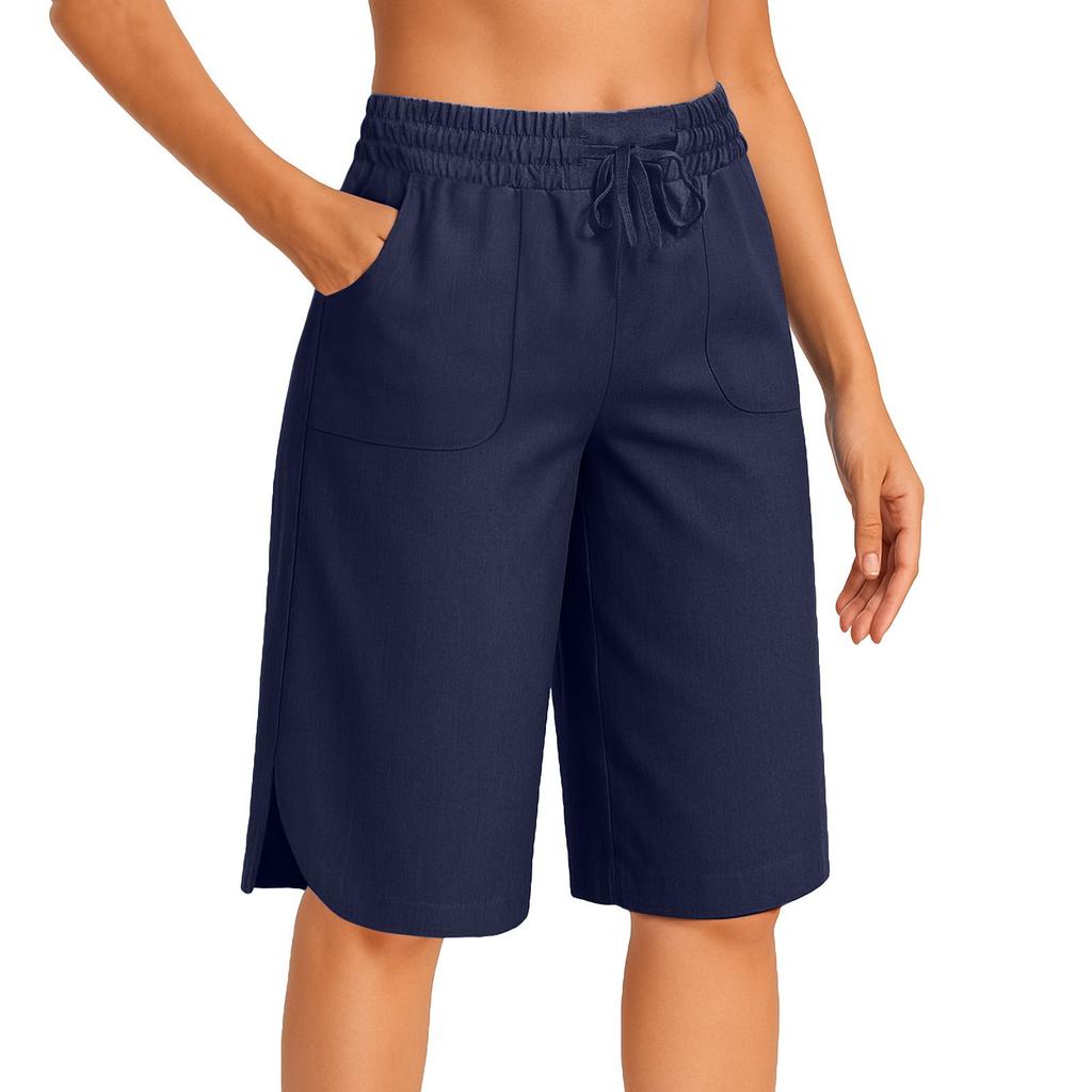 Женские летние брюки-кюлоты - однотонные повседневные шорты из хлопчатобумажной ткани с эластичной резинкой на талии