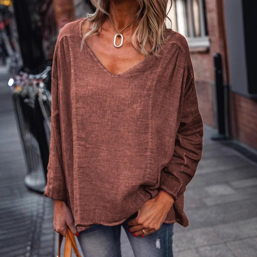 Ladies Spring Autumn Long Sleeves V Collar Loose Solid Color Pullover T Shirt Blouse Top
