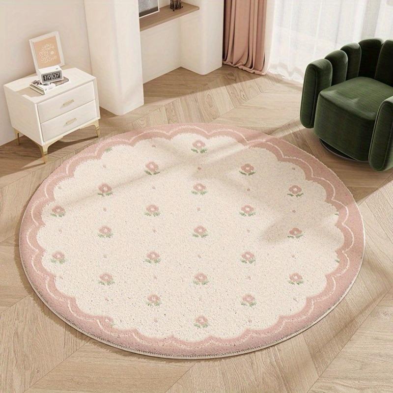 Round Pink Floral Decorative Rug Soft Area Carpet for Living Room Bedroom Dressing Table and Chair Side Indoor Floor Mat