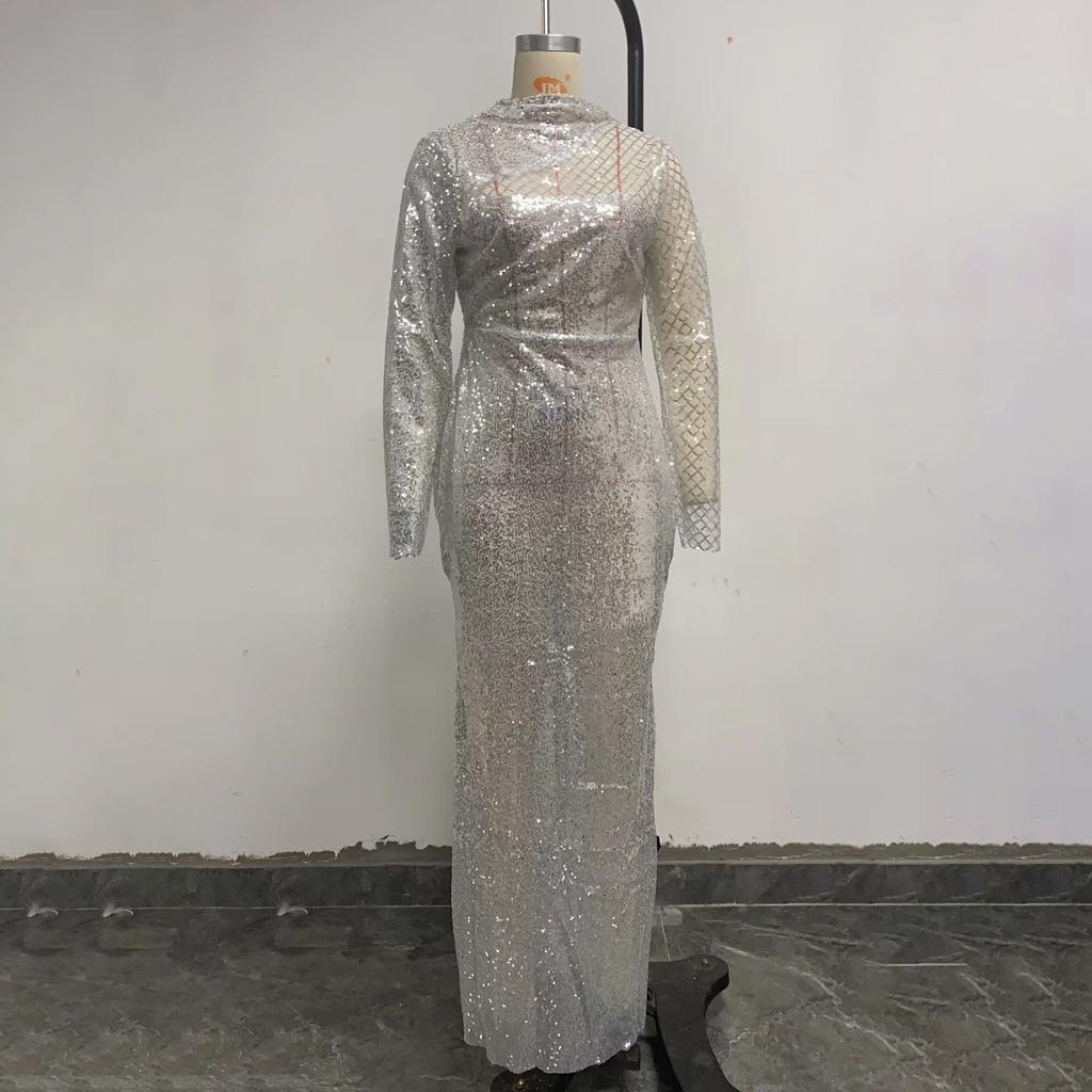 Женское элегантное длинное платье с блестками, облегающее платье с длинными рукавами, модное вечернее платье с высоким воротом для ночного клуба