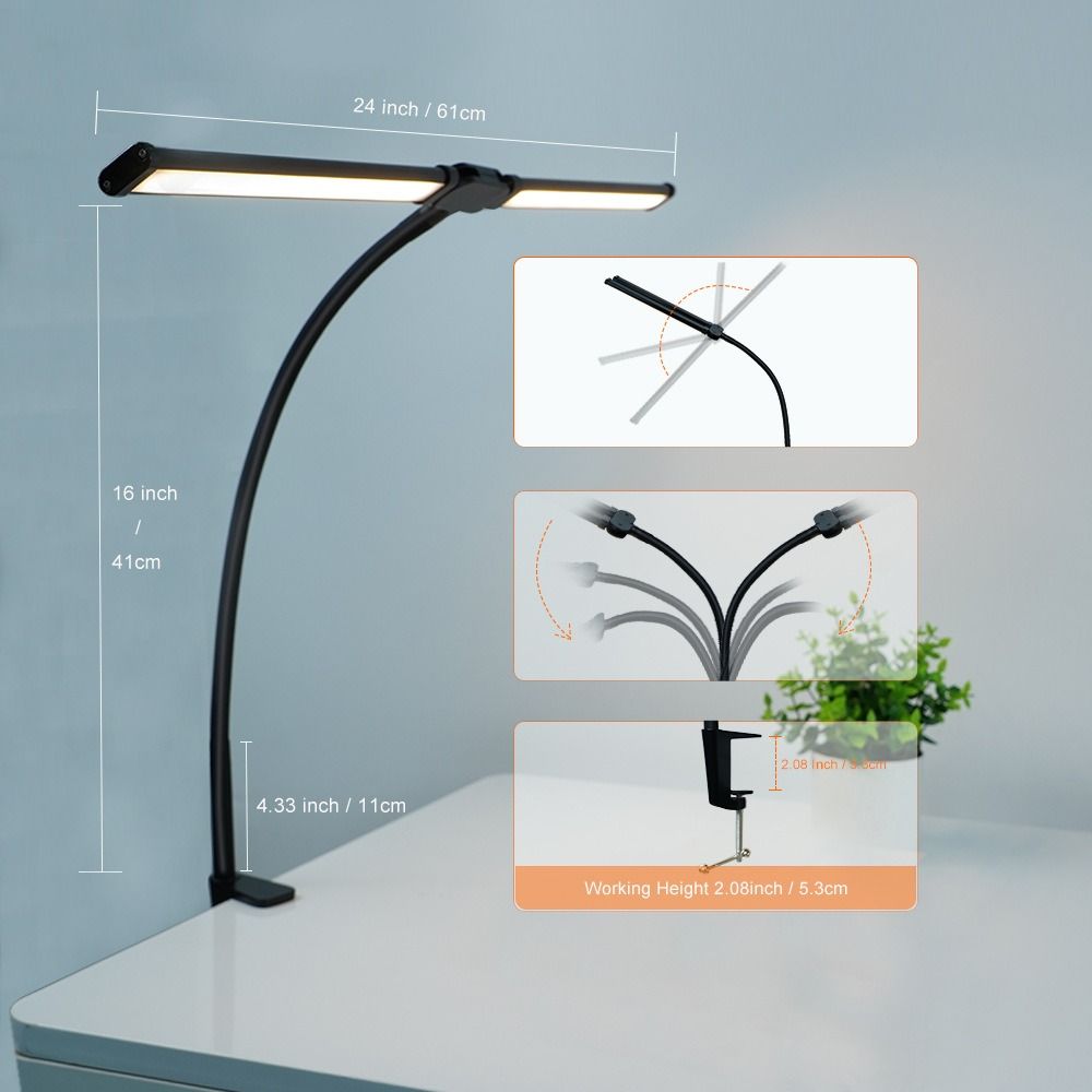 Double Head Led Desk Lamp 3 Color Modes Dimmable Clamp Desk Lighting Gooseneck Smart Light Study