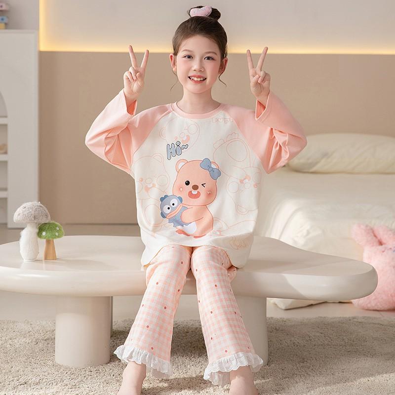 100% Cotton Long Sleeve Pajama Set Girls Cartoon Print Round Neck Comfortable Sleepwear Home Outfit
