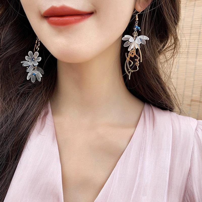 Women Flower Petals Long Tassel Earrings Asymmetric Earrings Ear Jewelry