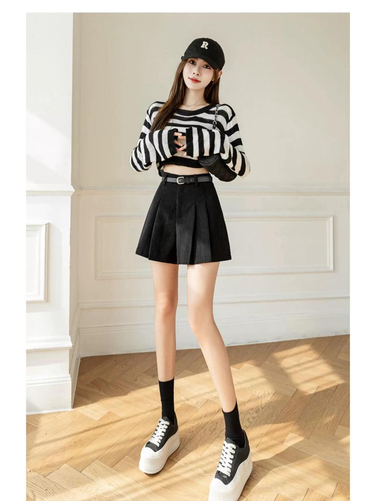 Женские вельветовые кюлоты А-силуэта с плиссировкой и высокой талией, зимние шорты 2024