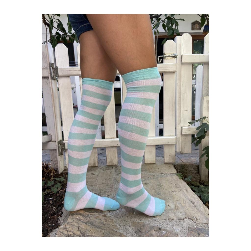 Women's 3 Ribbon Detail Cotton Black Laptop Socks Garter Height Black Tall Socks