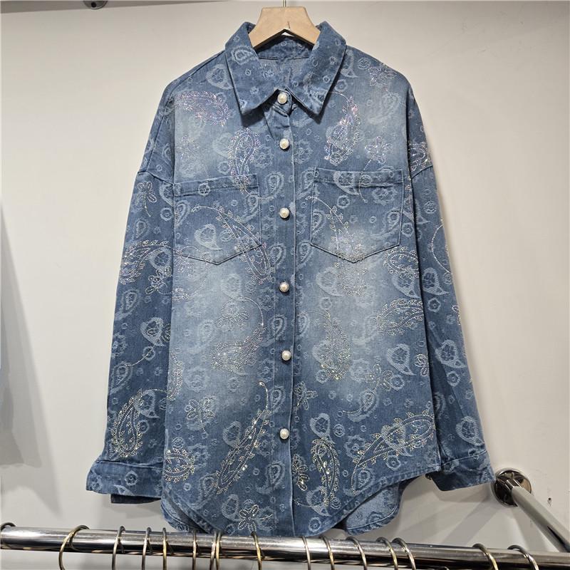 Джинсовая рубашка с жаккардовым узором и стразами, европейская весна 2026 - Повседневный корейский стиль