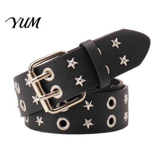 Decorative Body Belt 105cm Studded Punk for Women, Faux Leather Grommet Waist Music Festival Outfit with Double Prong Buckle, Edgy Jean Accessory Cool