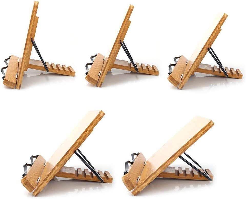 Adjustable Bamboo Book Stand Paper Clip Tray Portable Sturdy Lightweight Bookholder for Cookbook Reading Storage Holders Racks