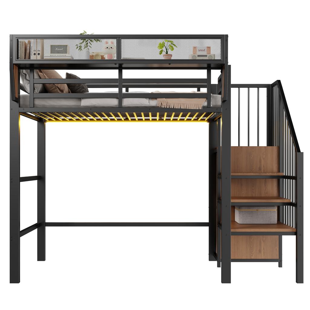 High Bed 90x200 with LED Light Strip, Safety Ladder and Flexible Storage Metal Bed Adult Bed Children's Bunk Bed Black