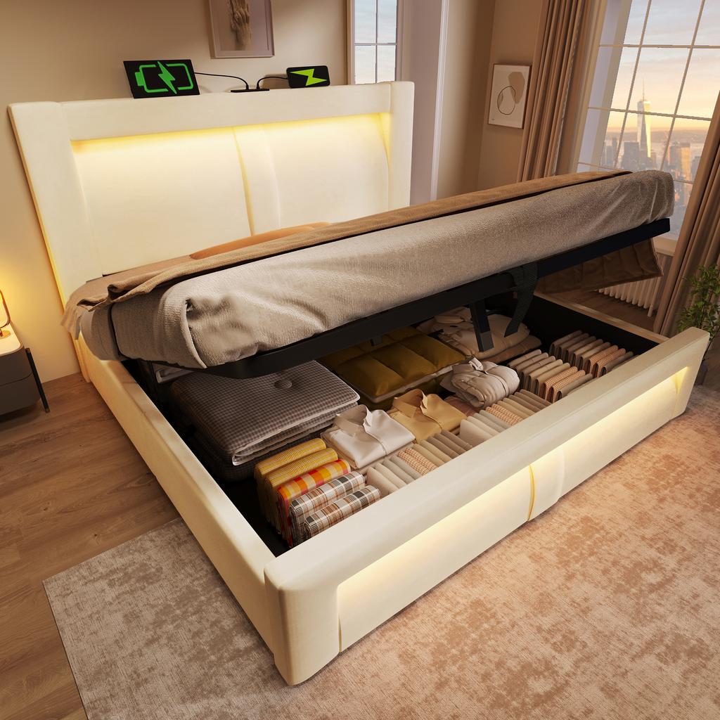 Double Bed 180x200 cm with Storage, LED Lighting with App Control, USB & Type-C Charging Ports, Velvet, Curved Headboard, Beige, without Mattress
