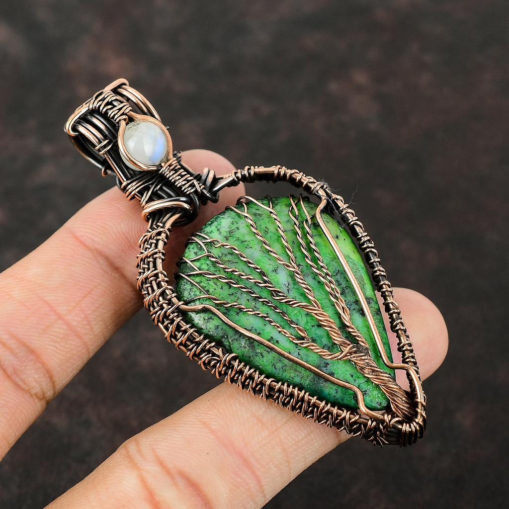 Подвеска из зеленого опала «Древо жизни» с дендритом, подвеска из медной проволоки, ювелирные изделия ручной работы с драгоценными камнями, подвеска из радужного лунного камня, подвеска из медной проволоки
