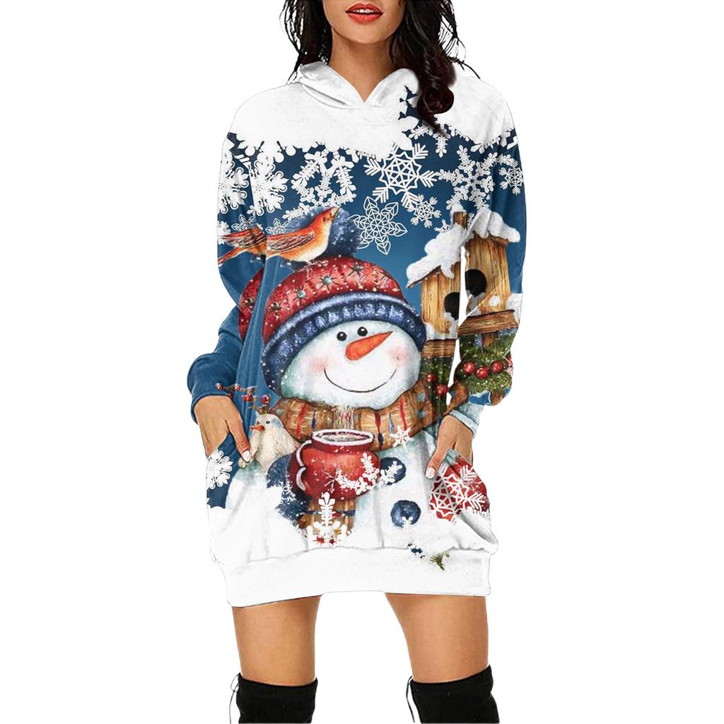 Women's Christmas Print Long-Sleeved Hooded Pocket Pullover Dress
