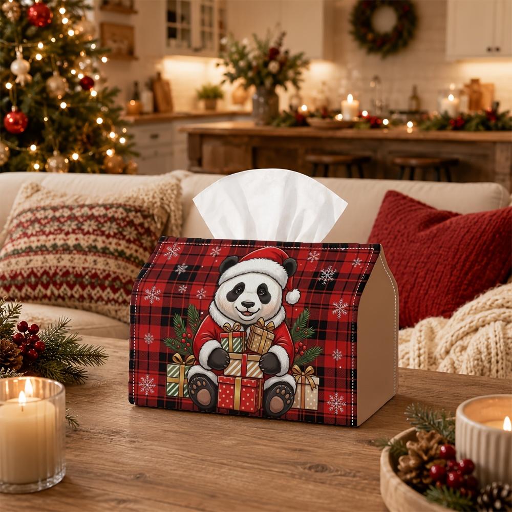 1pc Christmas Joyful Festive Folk Tissue Box - Panda Animal Present Box Scene, Durable Napkin Organizer for Car, Kitchen, Dining, Home Decor - Decorat