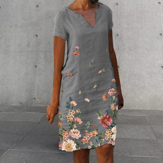 Женское летнее платье с v-образным вырезом и цветочным принтом, свободное прямое платье-пуловер длиной до колена, цветное платье миди, женская одежда