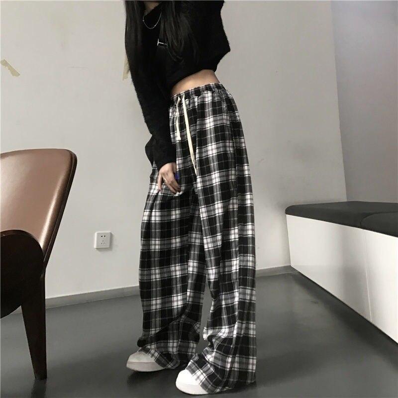 Harajuku Oversize клетчатые брюки женские модные клетчатые брюки женские осенние широкие спортивные штаны